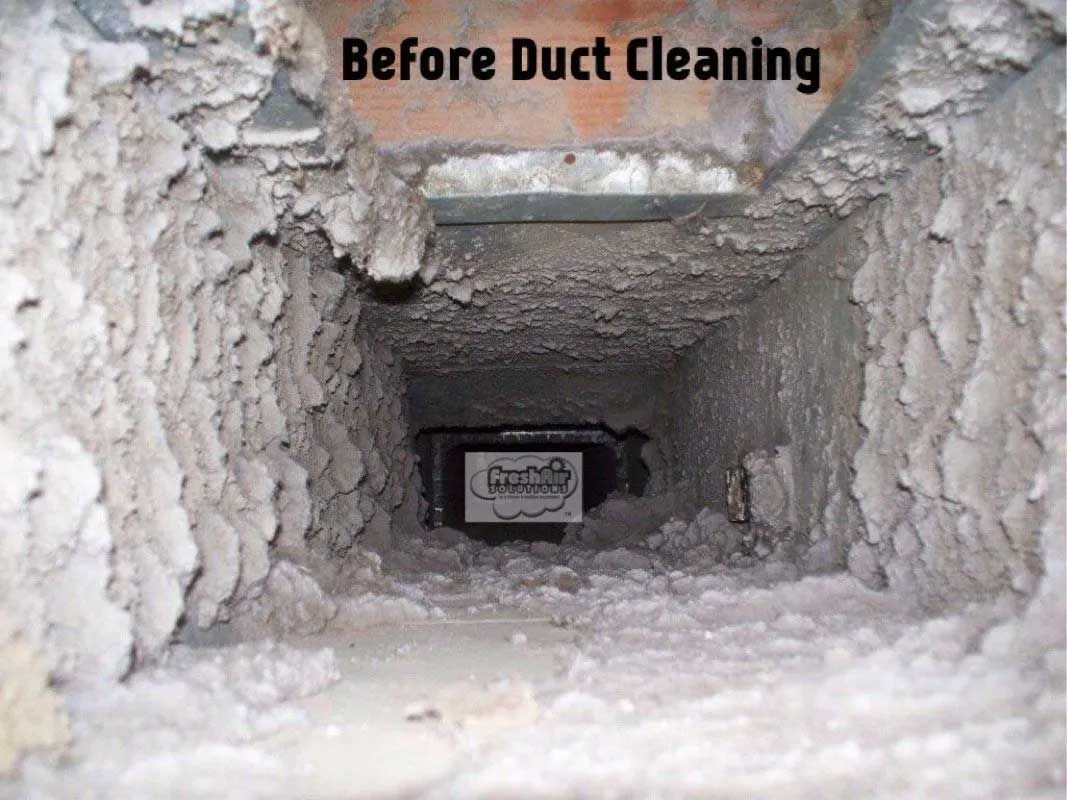Dirty air duct interior, gray with clumps of debris, labeled