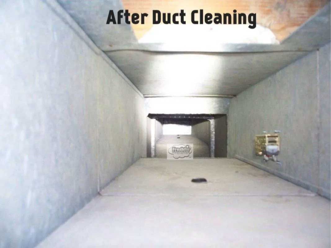 Dirty air duct interior, gray with clumps of debris, labeled